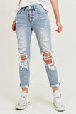 Fen Distressed Roll Cuff Relaxed Fit Skinny Jean