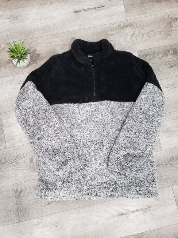 Black and Grey Two Tone Faux Fur Half Zip Pullover