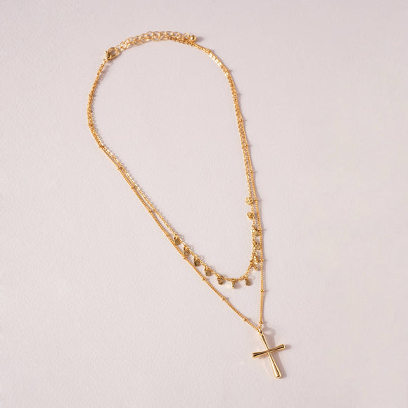 Double Chain Necklace with Cross and Disc Charms