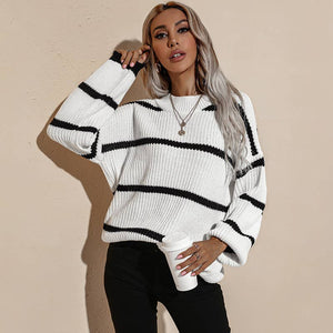 Casual Round Neck Stripe Knit Pullover Sweater