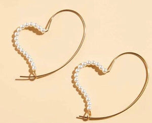 Gold Heart Pearl Accent Hoop Earrings