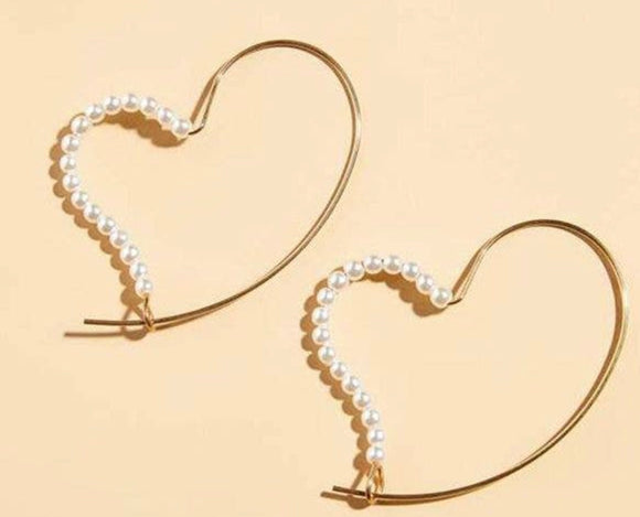 Gold Heart Pearl Accent Hoop Earrings