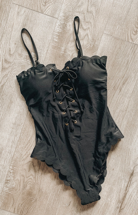 Black Lace Up Front Scalloped Edges Swimsuit