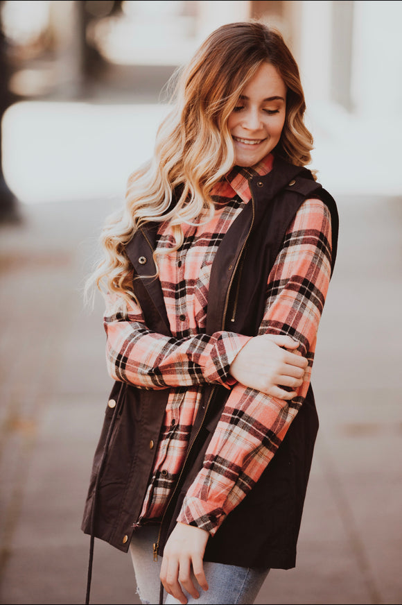 Coral and Black Plaid Sherpa Lined Button Up