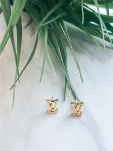 LV Inspired Logo Gold Stud Earrings