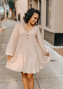 Taupe Button Ballon Sleeve Knit Tiered Dress