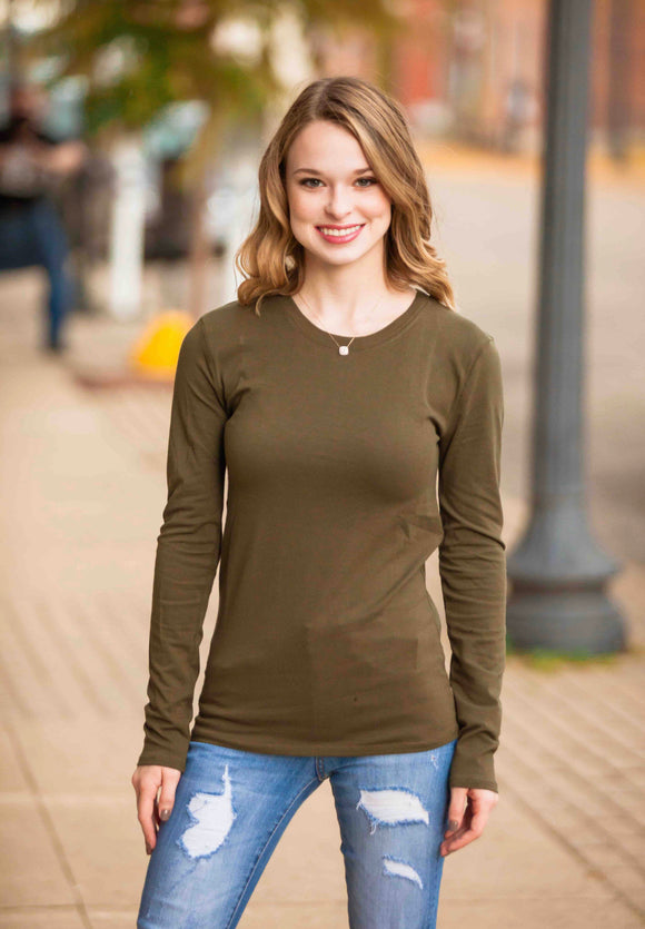 Cotton Long Sleeve Round Neck Top (Multiple Colors)