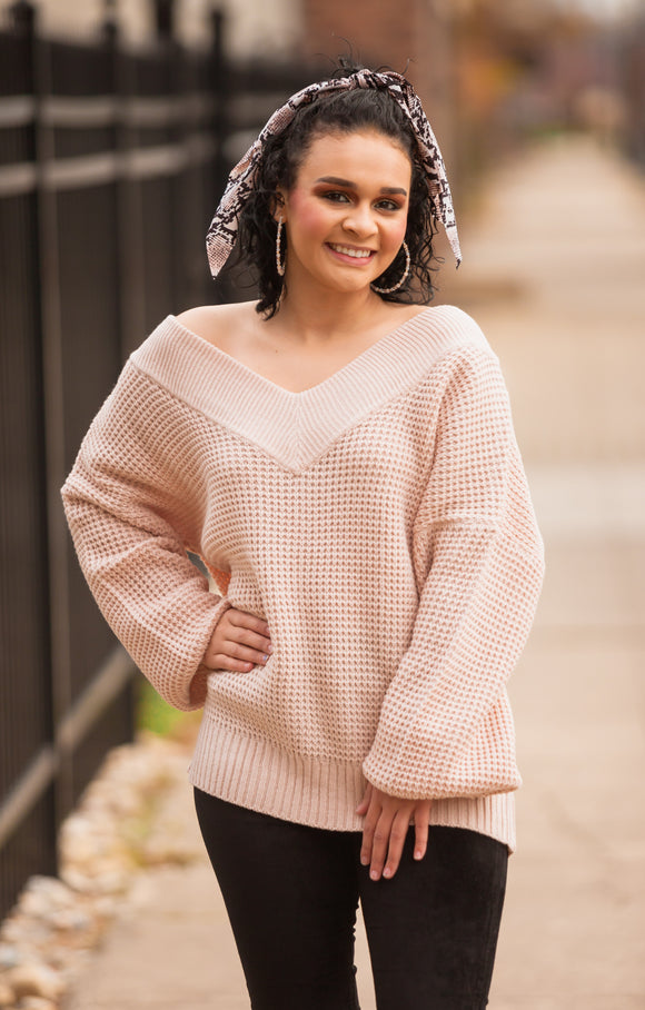 Balloon Sleeve V-Neck Waffle Sweater (Multiple Color Options)