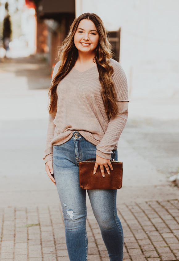 Taupe V-Neck Waffle Knit Top